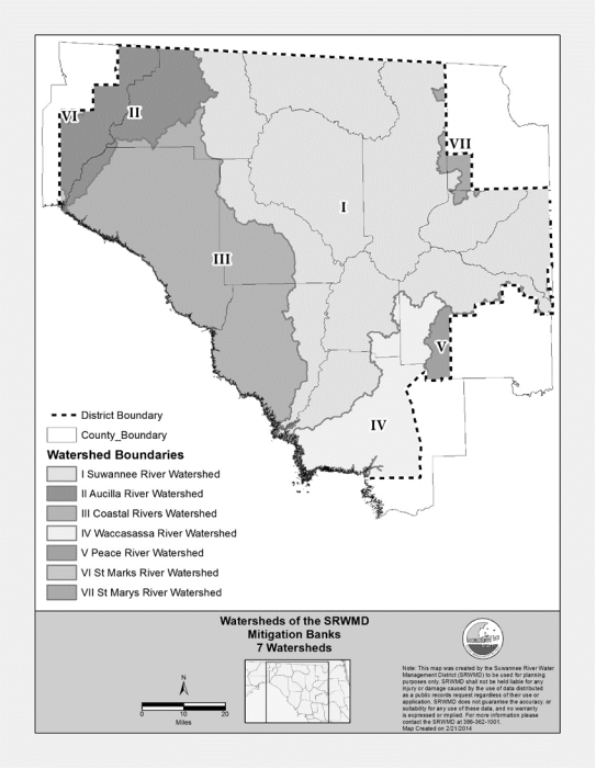 Title: Figure 2: Suwannee River Water Management District-- "Watersheds of the SRWMD Mitigation Banks, 7 Watersheds", (May 21, 2001) - Description: Substitute this clearer map for Figure 2: Suwannee River Water Management District-- "Watersheds of the SRWMD Mitigation Banks, 7 Watersheds", (May 21, 2001)