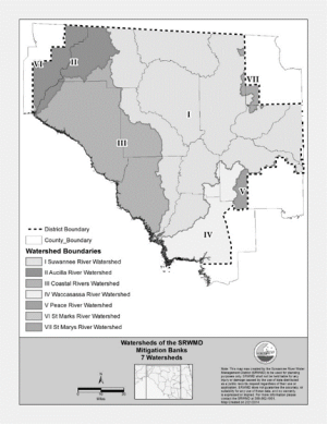 Title: Figure 2: Suwannee River Water Management District-- "Watersheds of the SRWMD Mitigation Banks, 7 Watersheds", (May 21, 2001) - Description: Substitute this clearer map for Figure 2: Suwannee River Water Management District-- "Watersheds of the SRWMD Mitigation Banks, 7 Watersheds", (May 21, 2001)