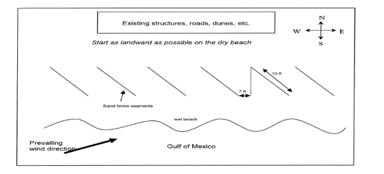 A figure depicting sand fencing. The top shows a box representing existing structures, roads, dunes, etc. Directly beneath is a note to start as landward as possible on the dry beach. Below are diagonal lines representing sand fence segments. These lines should be 10 feet long and 7 feet apart from bottom tip to top tip of the next fencing component. Below is a squiggle line representing the wet beach.
